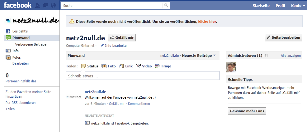 Facebook Fanseite erstellen | Netz2Null.de